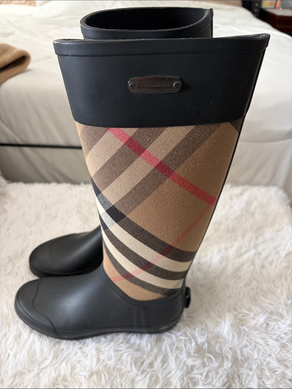 Burberry Black and Tan Plaid Tall Rain Boots - Picture 2 of 4